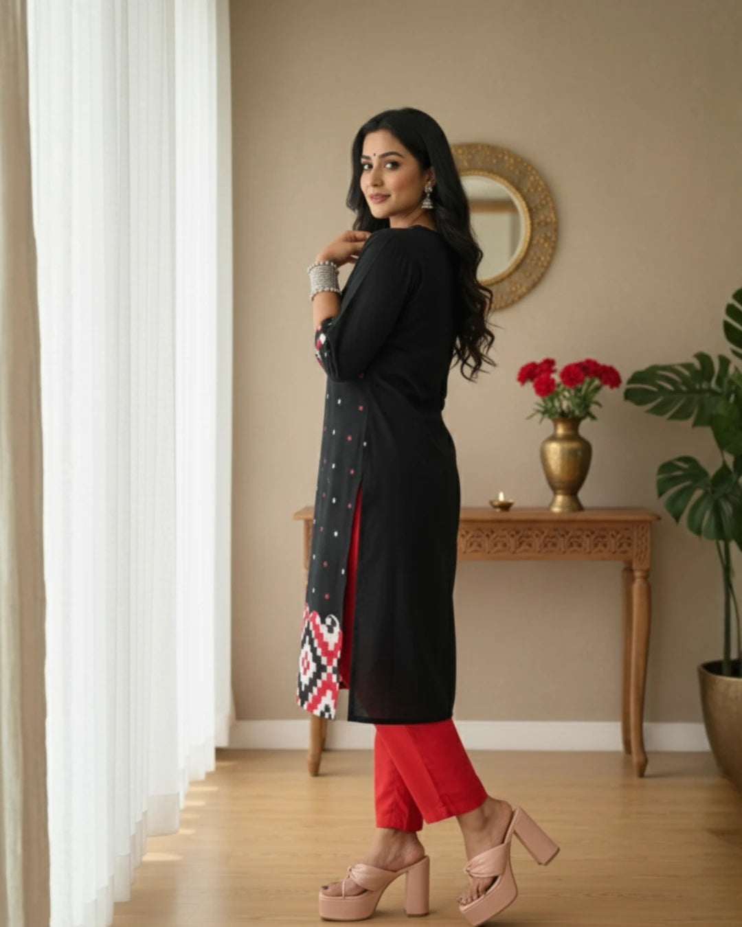 Nysa, Black & Red Sambalpuri Handwoven Cotton Kurti
