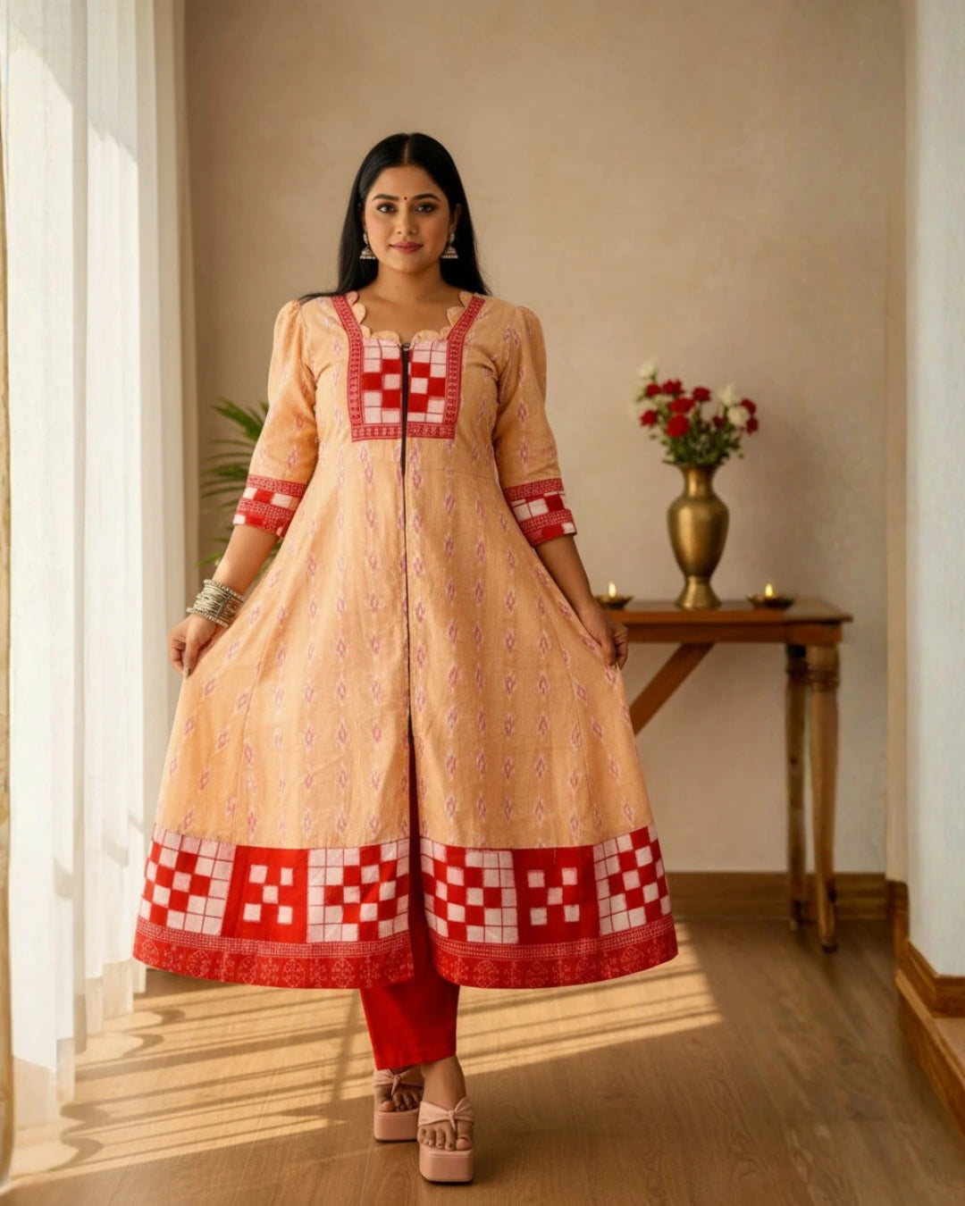 Aaravi, Peach & Red Sambalpuri Handwoven Anarkali Kurti