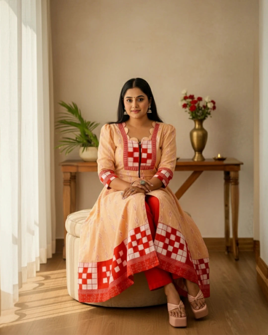 Aaravi, Peach & Red Sambalpuri Handwoven Anarkali Kurti