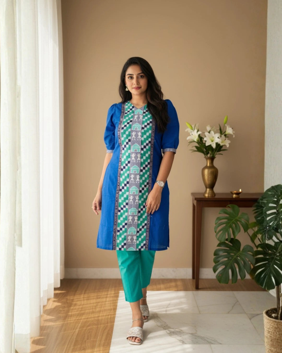 Mitali, Blue & Green Sambalpuri Handwoven Cotton Kurti