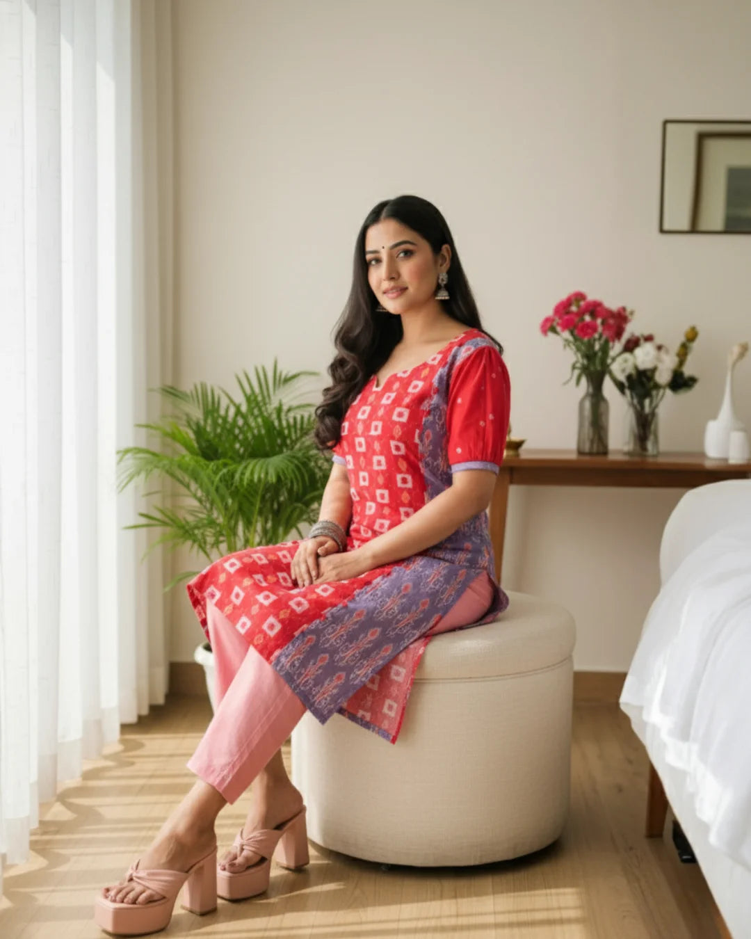 Tanya, Red & Lavender Sambalpuri Handwoven Cotton Kurti