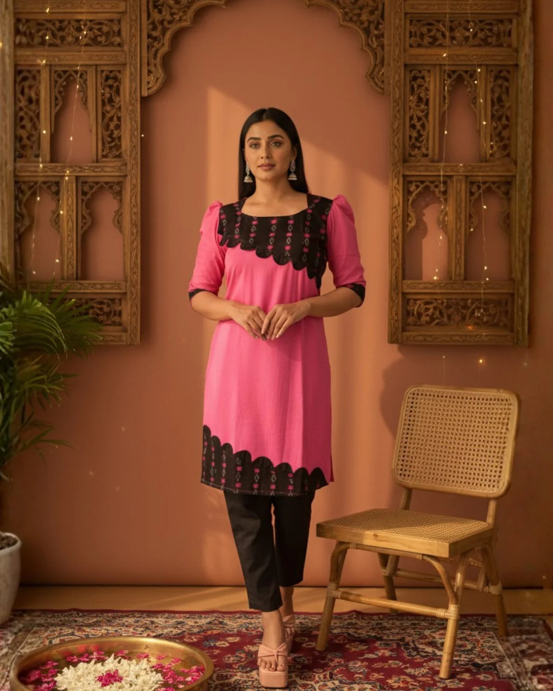 Rekha, Pink & Black Sambalpuri Handwoven Cotton Kurti