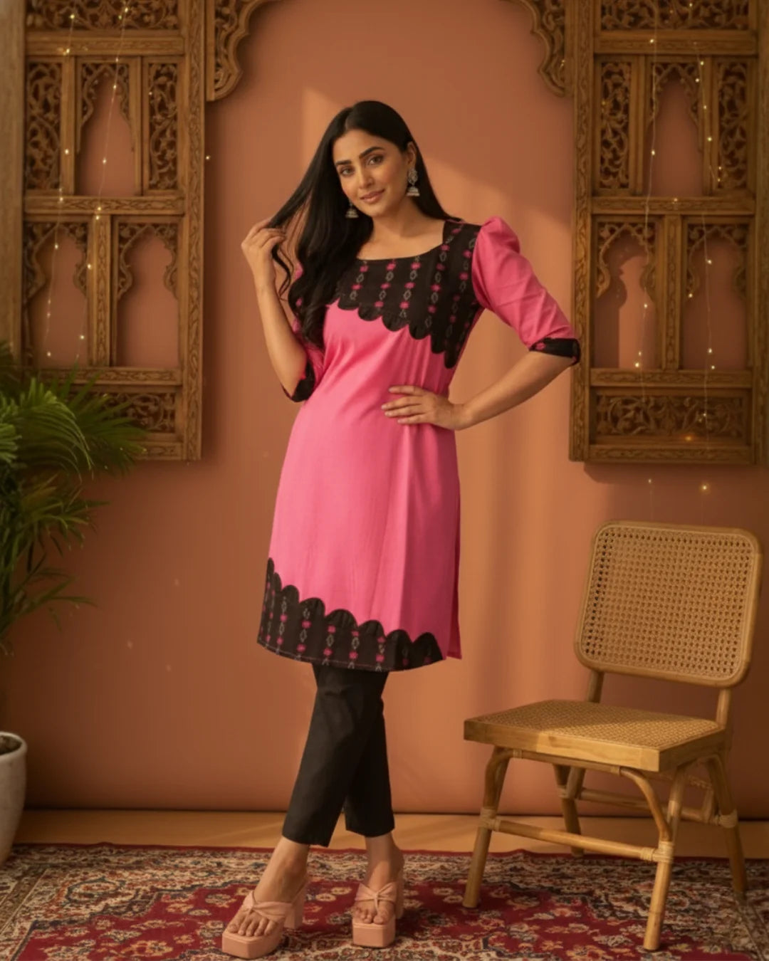 Rekha, Pink & Black Sambalpuri Handwoven Cotton Kurti