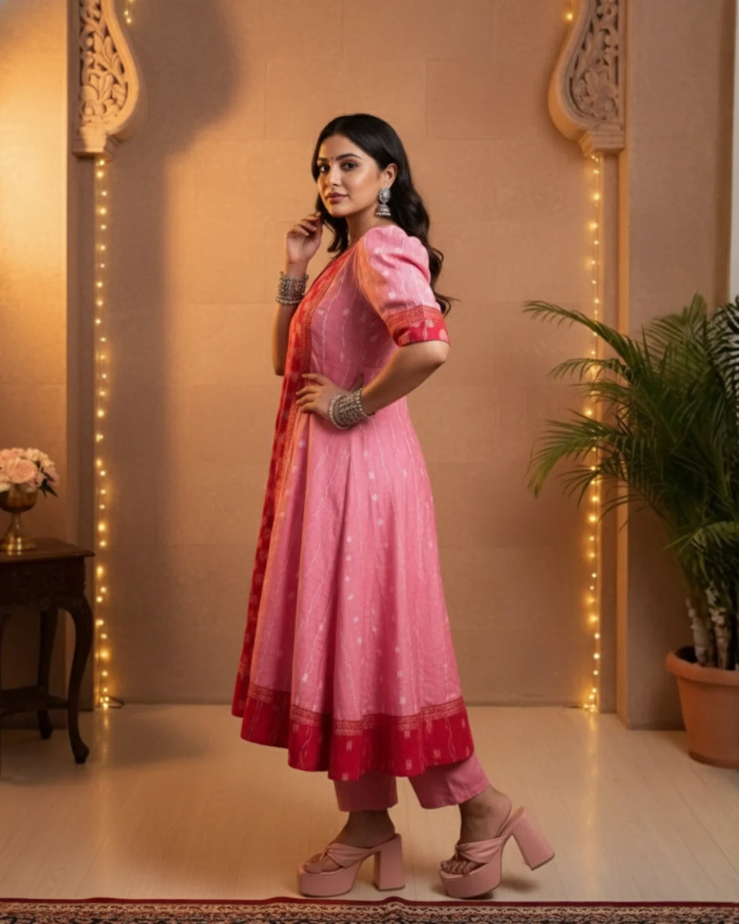 Aaradhya, Pink & Red Sambalpuri Handwoven Cotton Gown