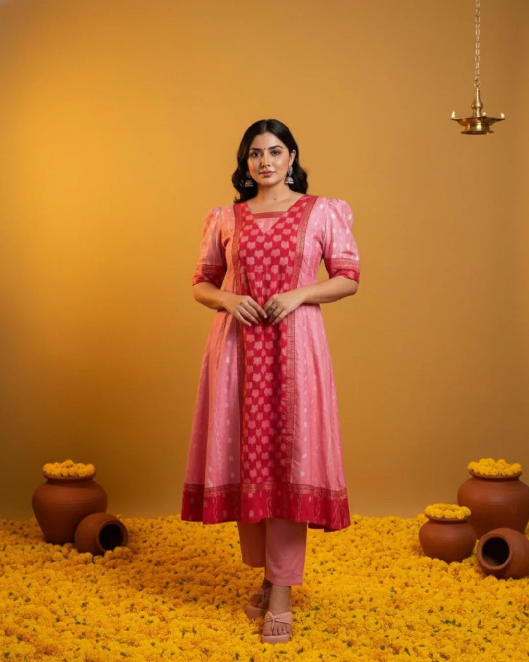Aaradhya, Pink & Red Sambalpuri Handwoven Cotton Gown