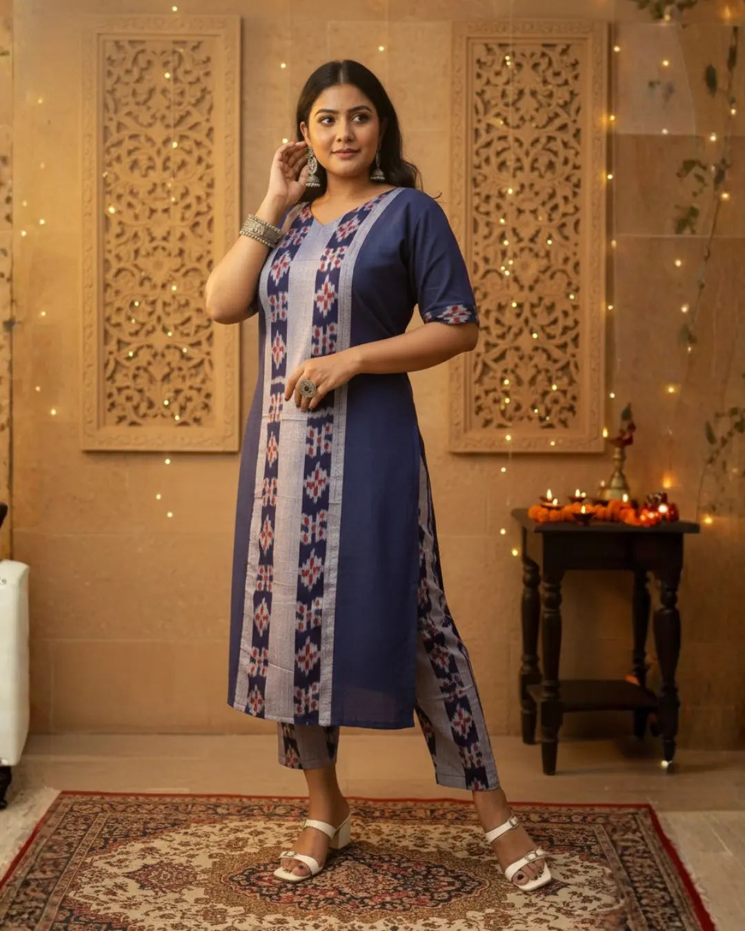 Anika Navy Blue Sambalpuri Handwoven Cotton Kurta Set