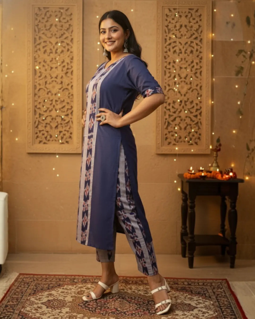 Anika Navy Blue Sambalpuri Handwoven Cotton Kurta Set