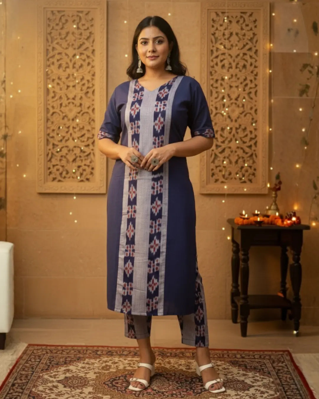 Anika Navy Blue Sambalpuri Handwoven Cotton Kurta Set