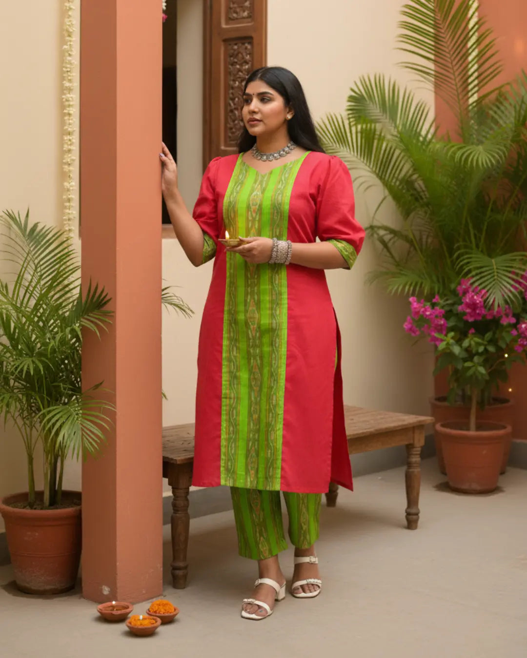 Prerna Red & Green Sambalpuri Handwoven Cotton Kurta Set