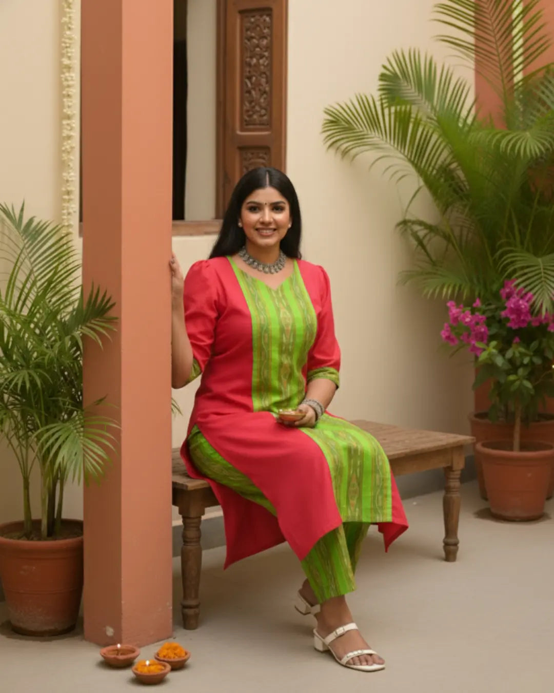 Prerna Red & Green Sambalpuri Handwoven Cotton Kurta Set