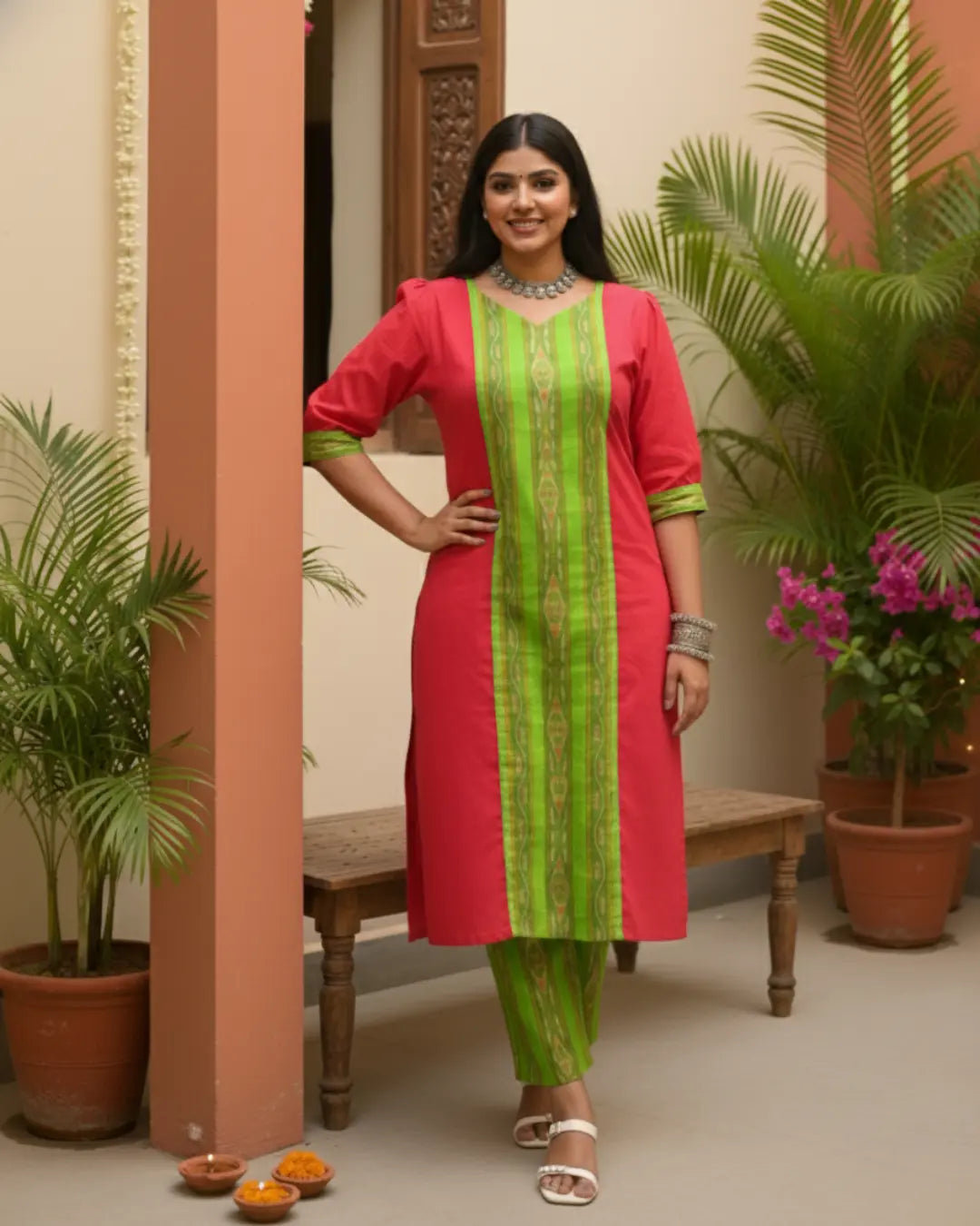 Prerna Red & Green Sambalpuri Handwoven Cotton Kurta Set