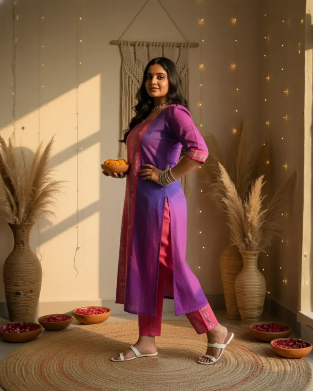 Meera Purple & Pink Sambalpuri Handwoven Cotton Kurta Set