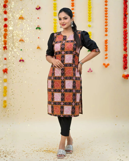 Ishani Black & Rust Sambalpuri Handwoven Cotton Kurta Set