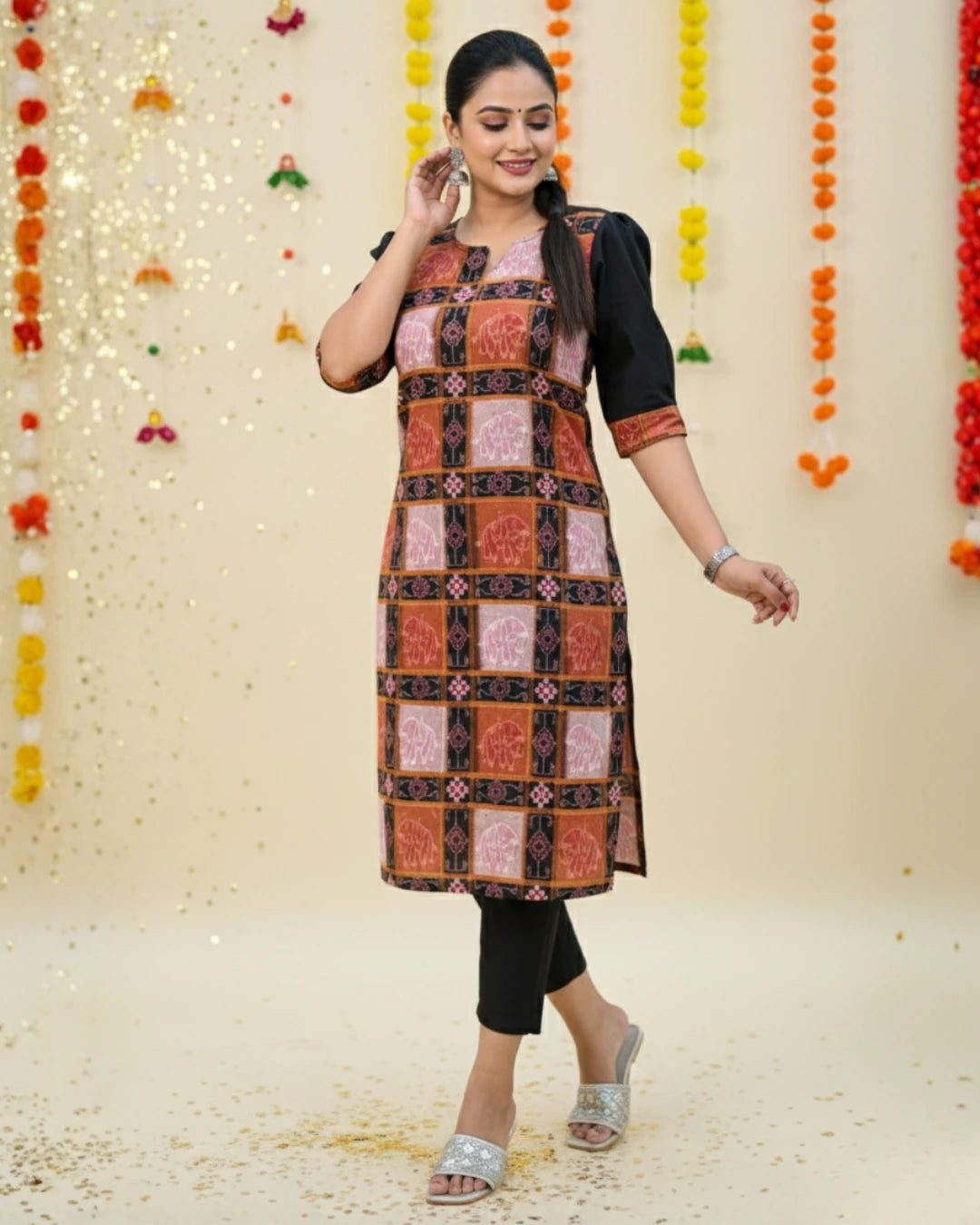 Ishani Black & Rust Sambalpuri Handwoven Cotton Kurta Set