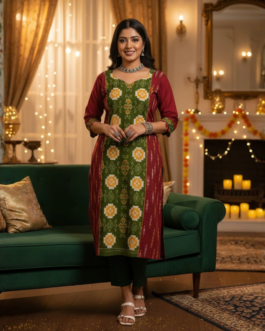 Aarvi Green & Maroon Sambalpuri Handwoven Cotton Kurta Set
