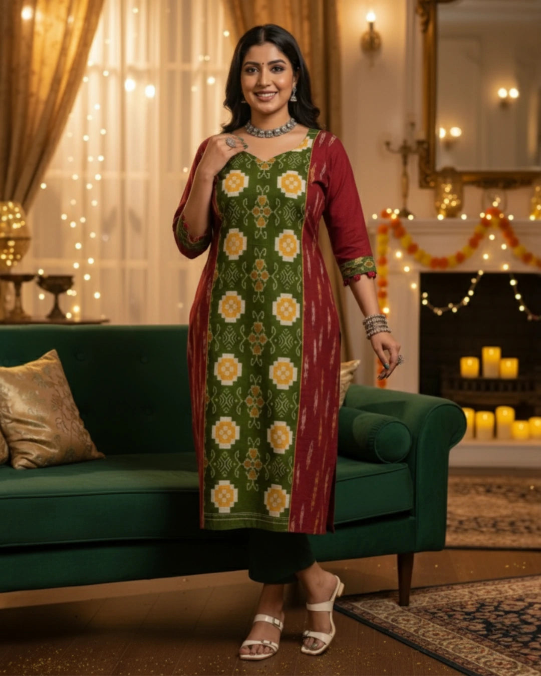 Aarvi Green & Maroon Sambalpuri Handwoven Cotton Kurta Set