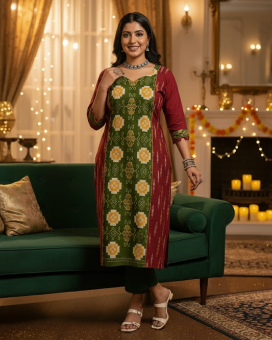 Aarvi Green & Maroon Sambalpuri Handwoven Cotton Kurta Set