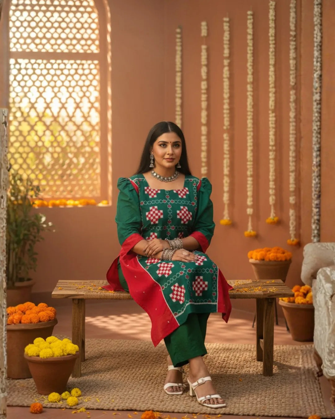 Devika Green & Red Sambalpuri Handwoven Cotton Kurta Set