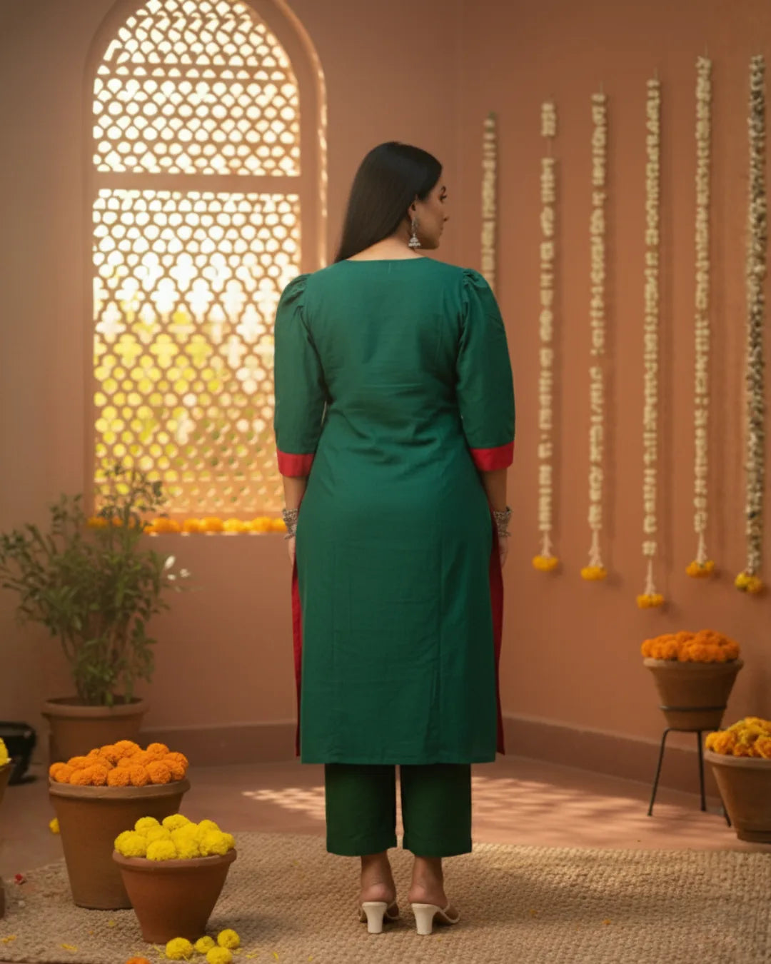 Devika Green & Red Sambalpuri Handwoven Cotton Kurta Set