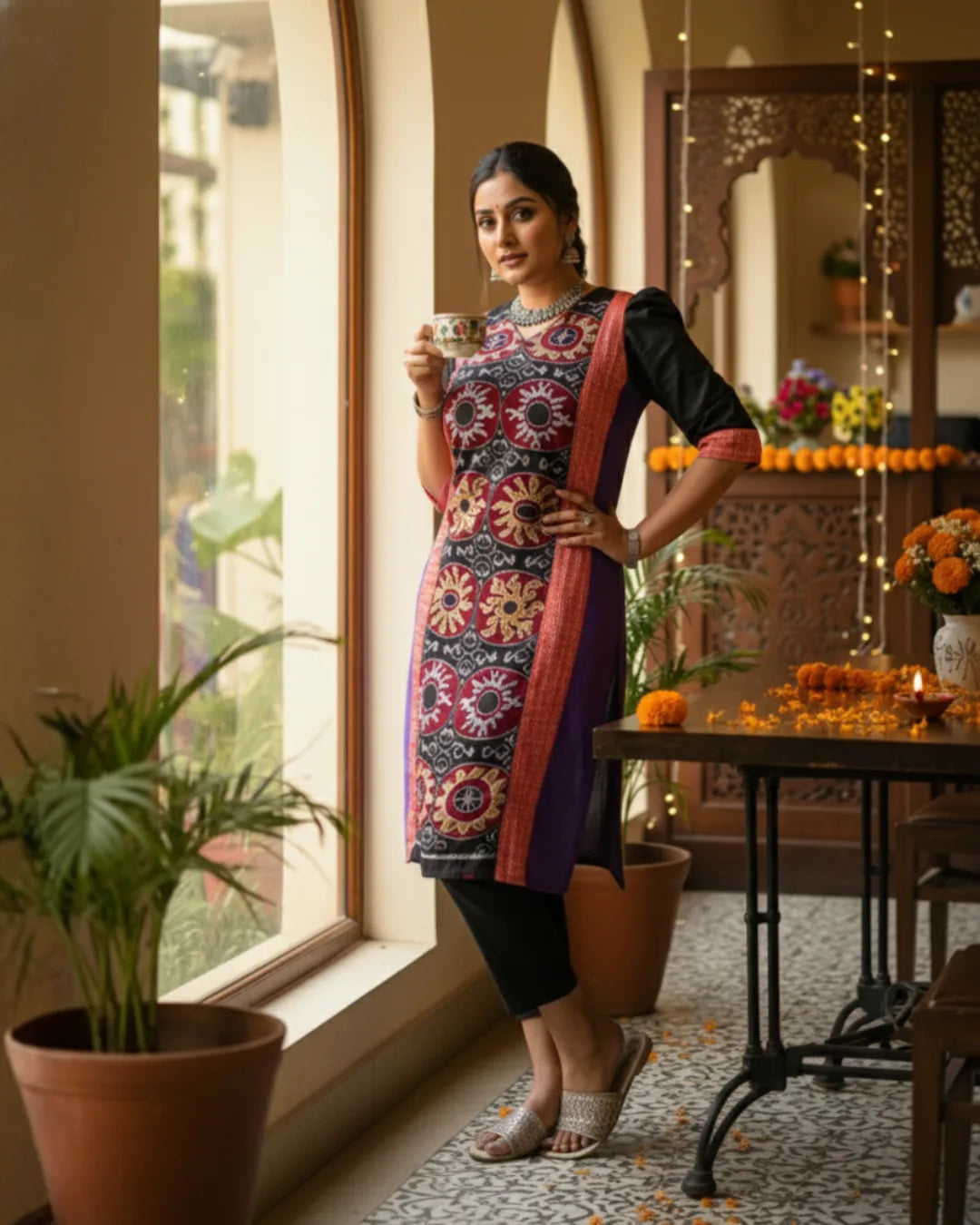 Charvi Black & Red Sambalpuri Handwoven Cotton Kurta Set