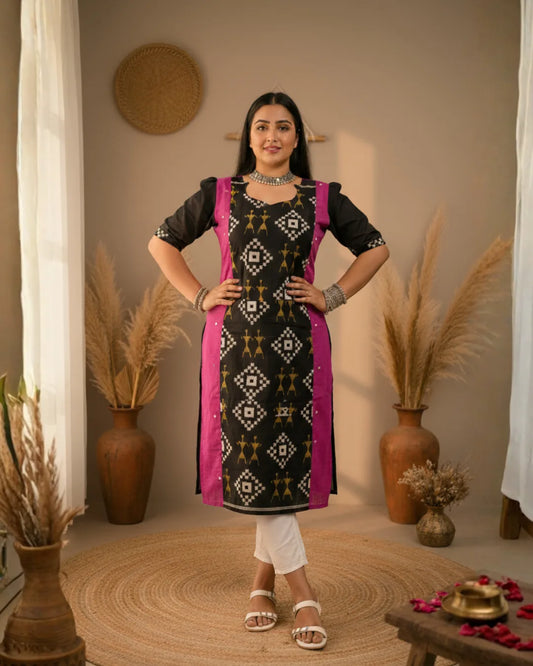 Ira Black & Magenta Sambalpuri Handwoven Cotton Kurta Set