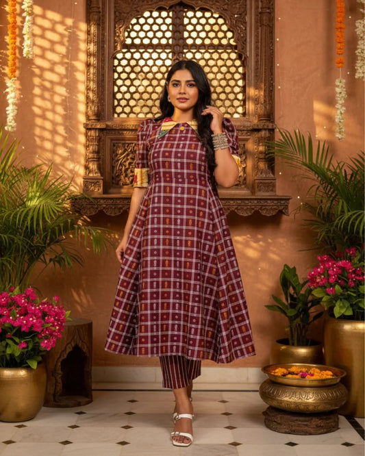 Tanirika Maroon & Mustard Handwoven Ikat Cotton Gown Set