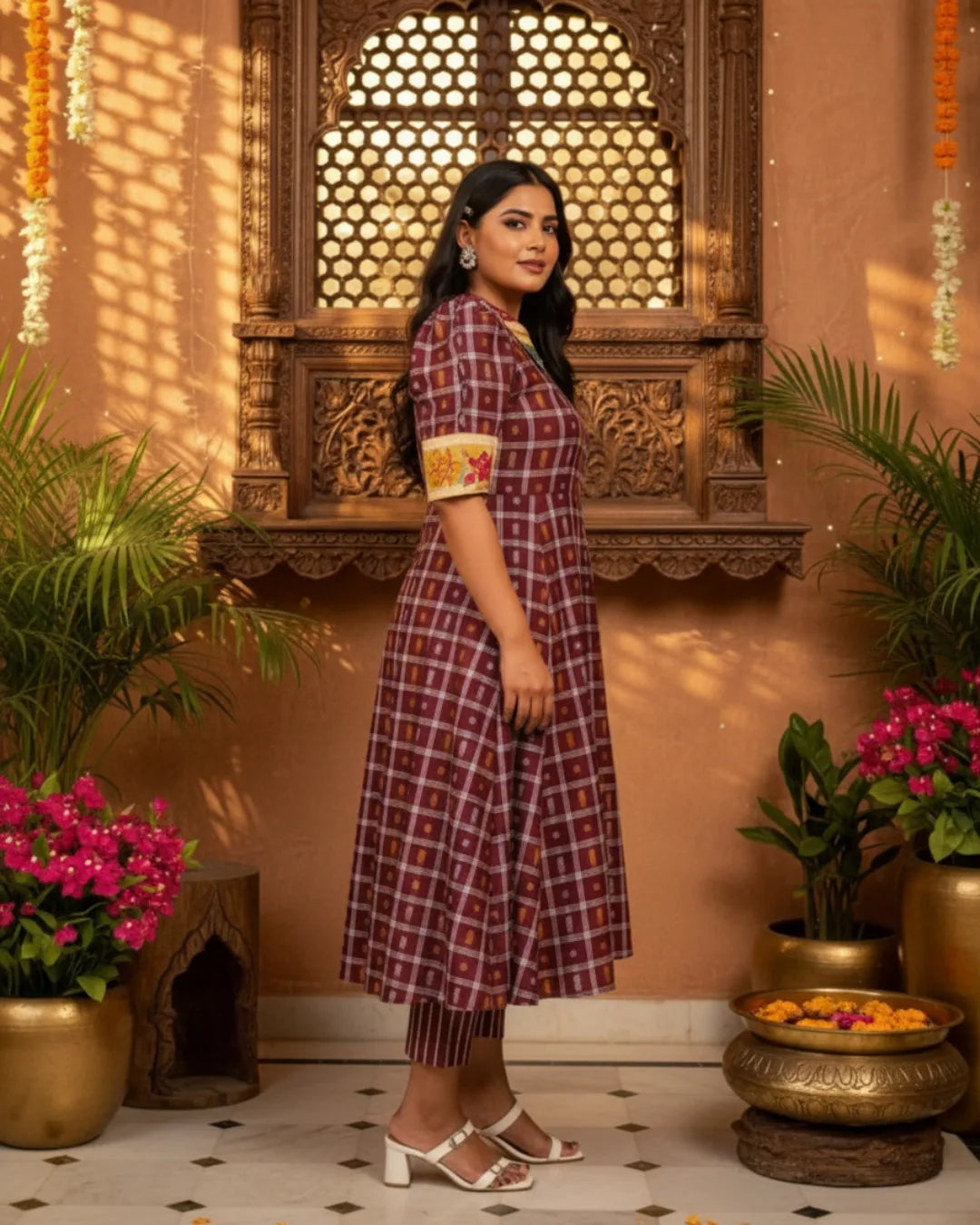 Tanirika Maroon & Mustard Handwoven Ikat Cotton Gown Set