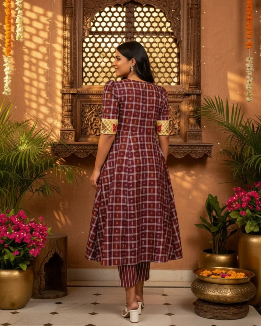 Tanirika Maroon & Mustard Handwoven Ikat Cotton Gown Set