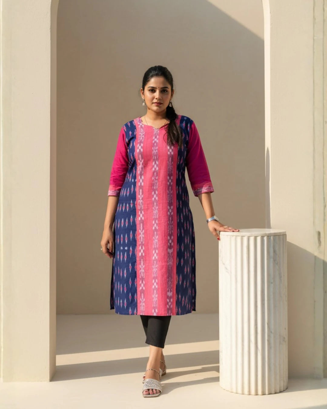 Aarohi Navy Blue & Pink Handwoven Ikat Cotton Kurta Set