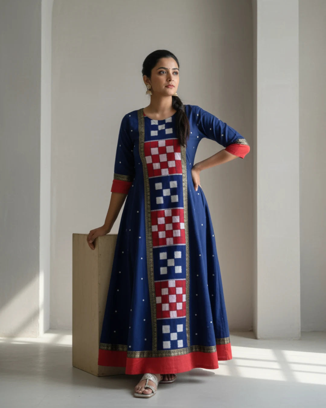 Devanshi Navy Blue & Red Handwoven Ikat Cotton Gown