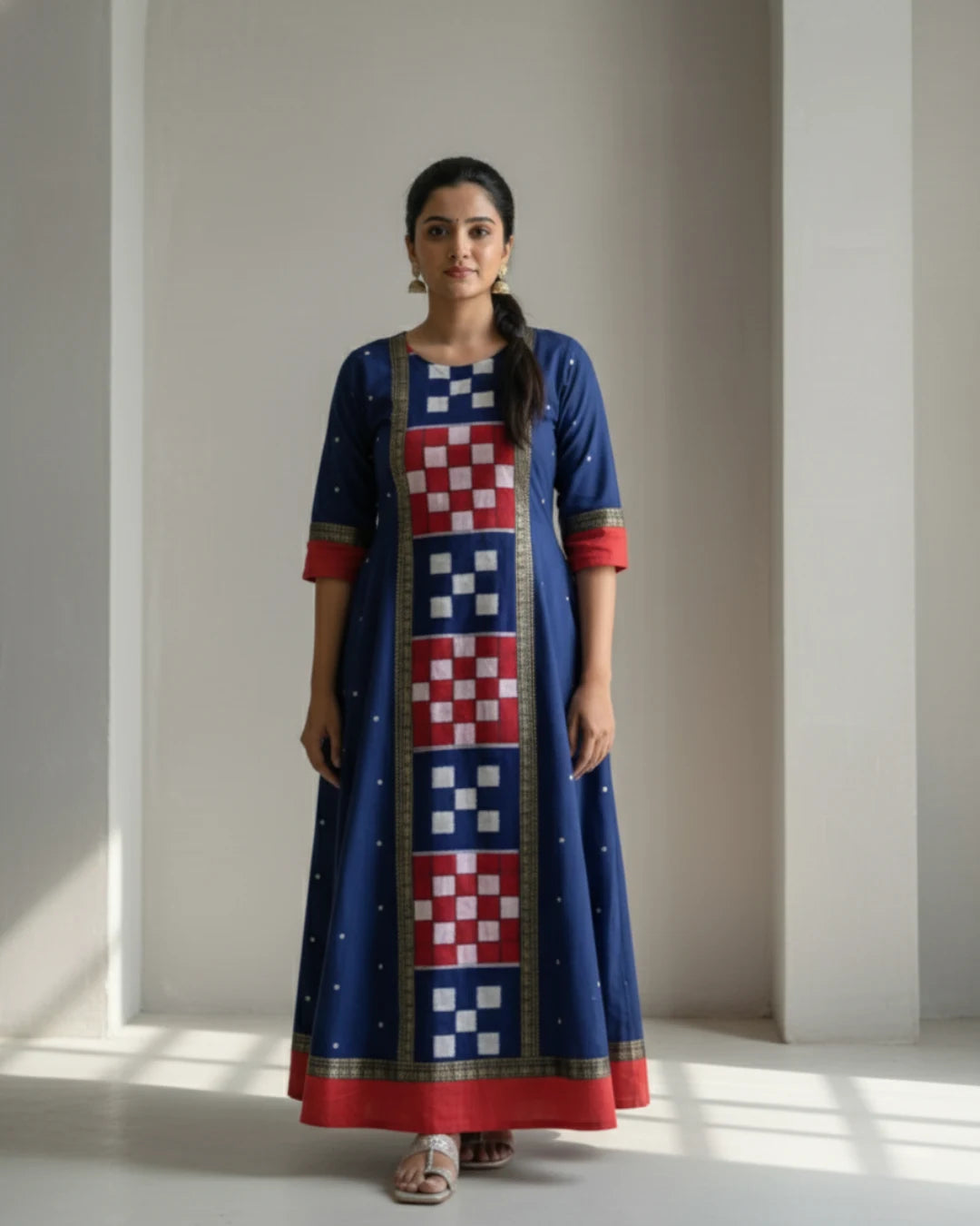 Devanshi Navy Blue & Red Handwoven Ikat Cotton Gown
