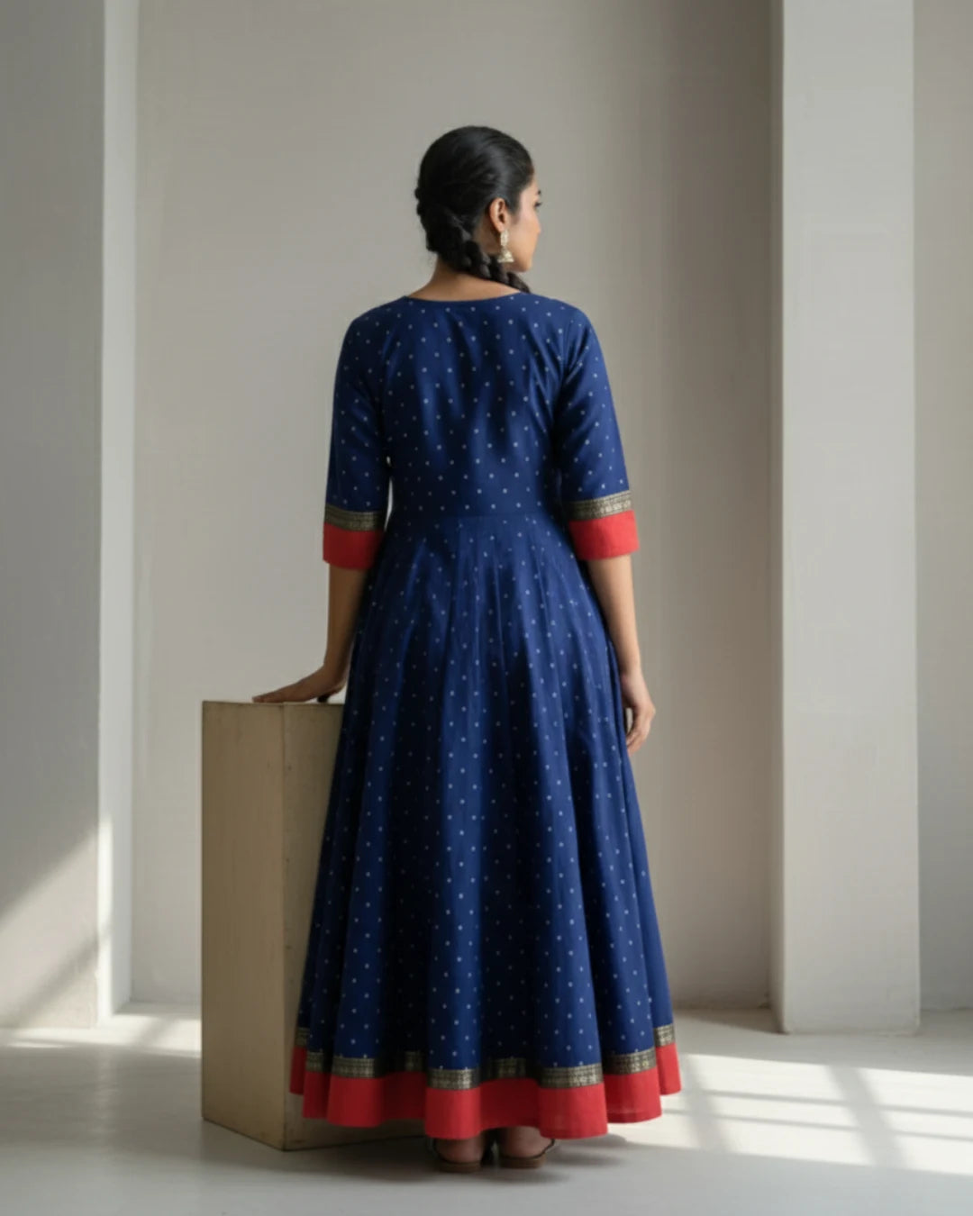 Devanshi Navy Blue & Red Handwoven Ikat Cotton Gown