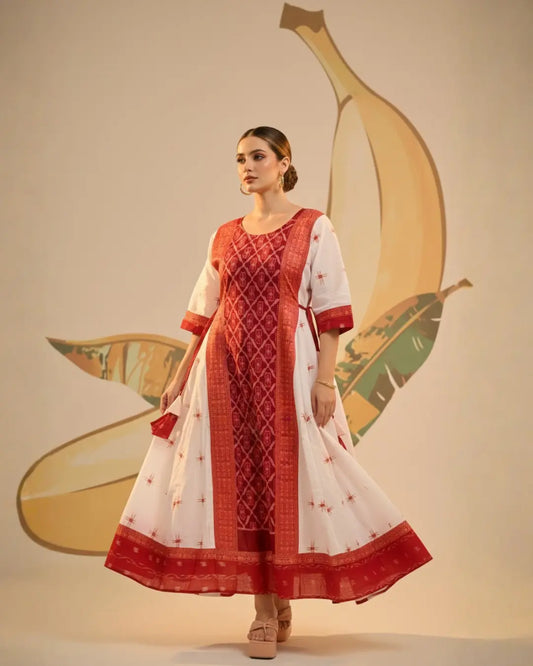 Yashita White & Red Sambalpuri Cotton Gown