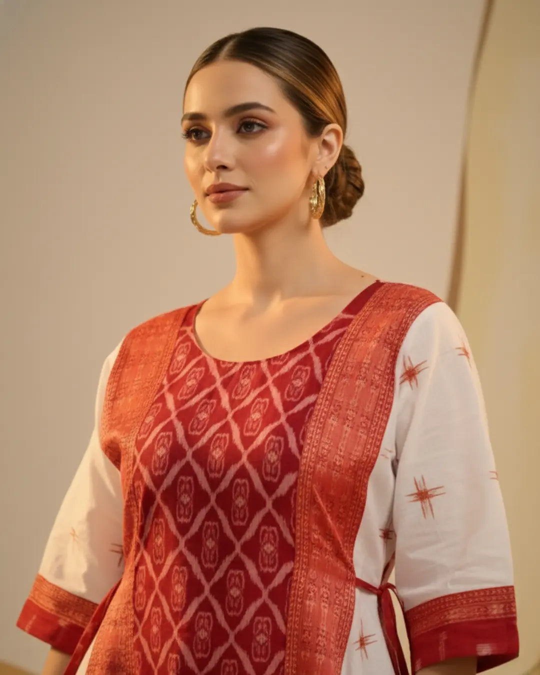 Yashita White & Red Sambalpuri Cotton Gown
