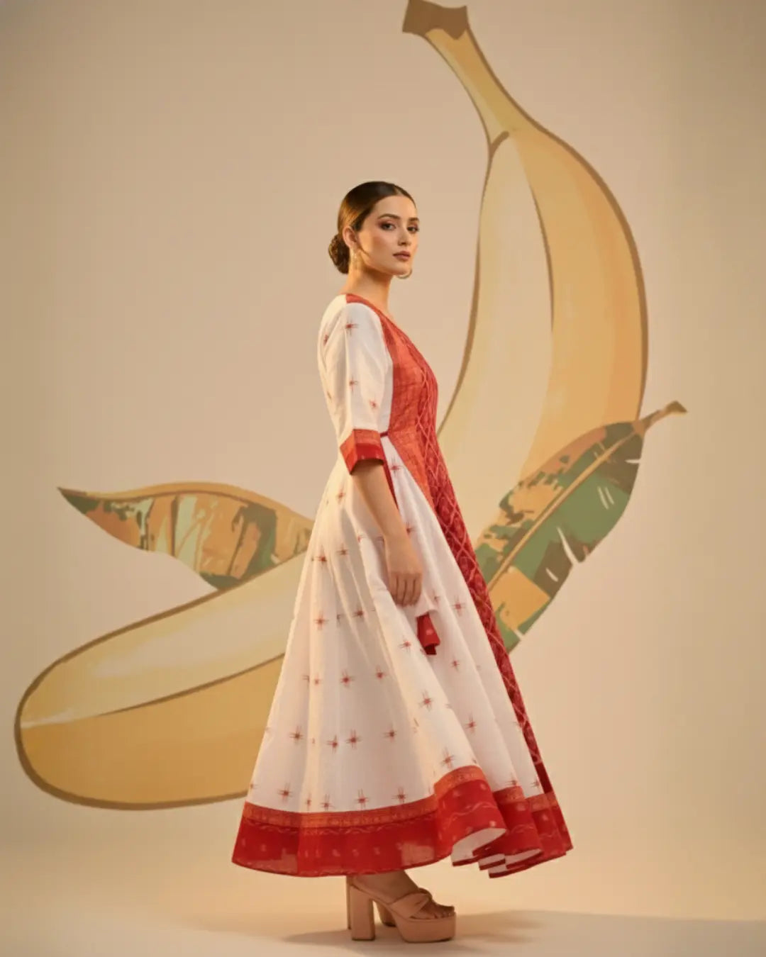 Yashita White & Red Sambalpuri Cotton Gown