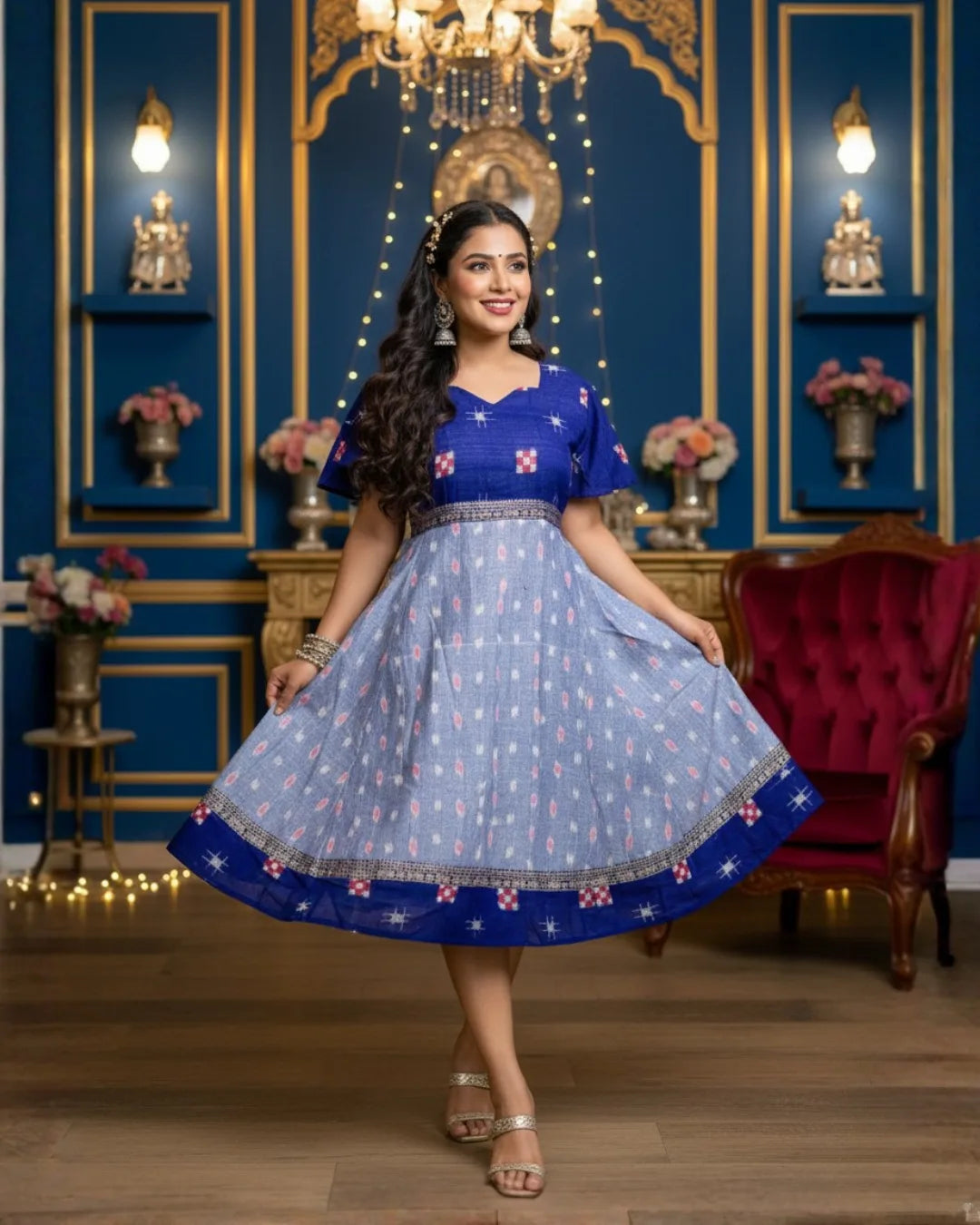 Anvika Blue Sambalpuri Handwoven Cotton Gown