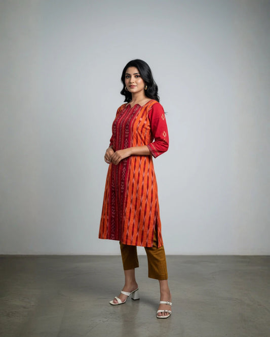 Nayra Orange & Red Sambalpuri Cotton Kurti