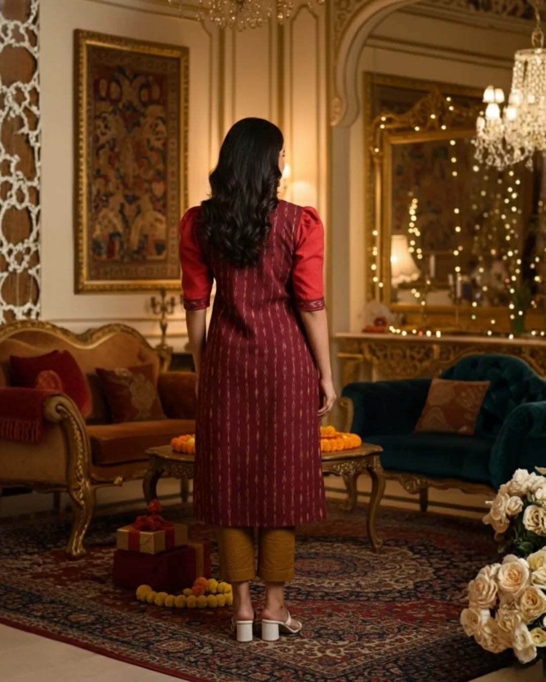 Mahika Maroon Sambalpuri Festive Cotton Kurti