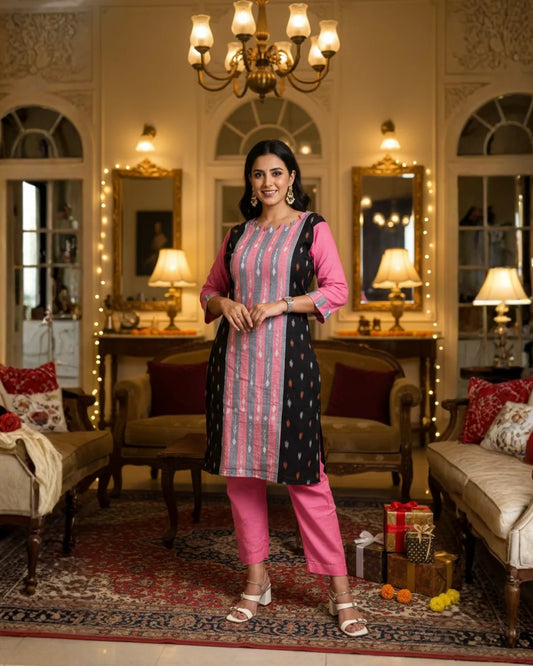 Ishya Pink & Black Sambalpuri Cotton Kurti