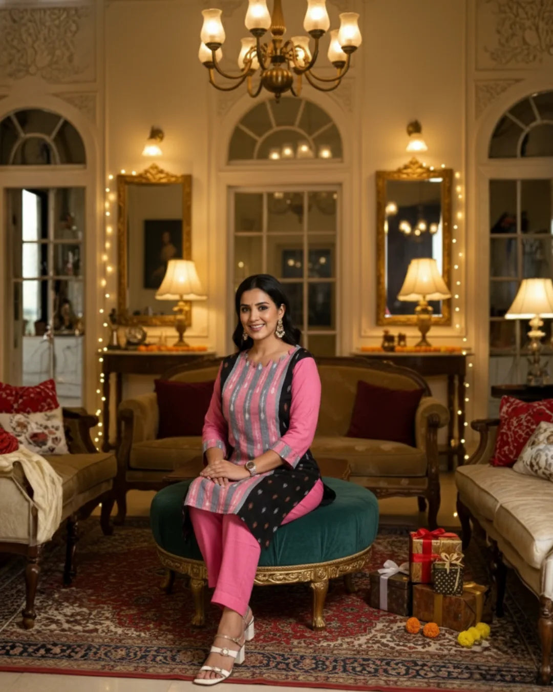 Ishya Pink & Black Sambalpuri Cotton Kurti