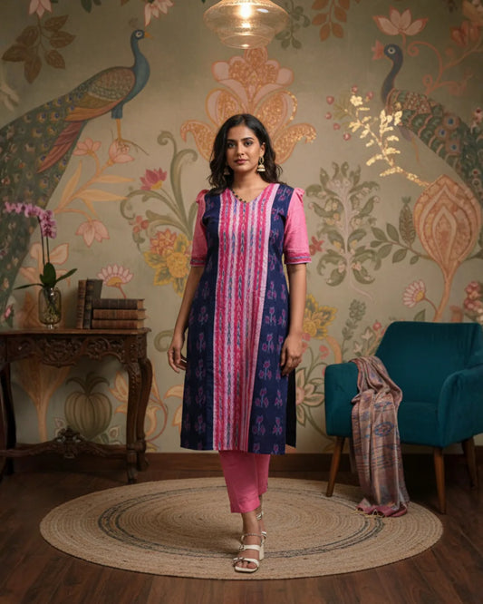Aarika Pink & Navy Sambalpuri Cotton Kurti
