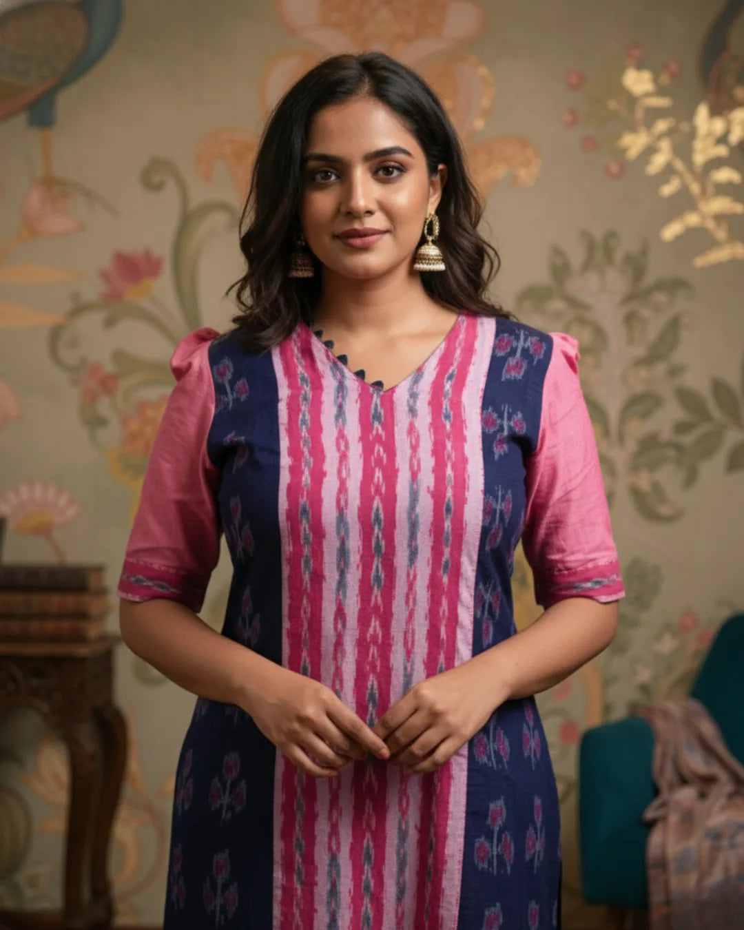 Aarika Pink & Navy Sambalpuri Cotton Kurti