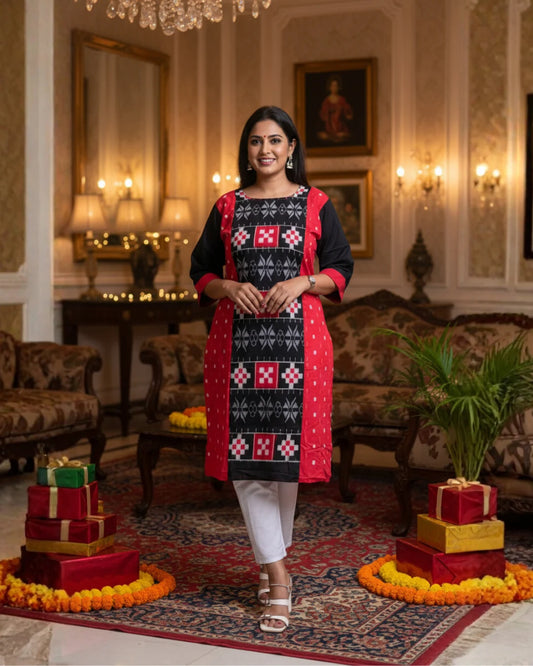 Tanira Red & Black Sambalpuri Cotton Kurti