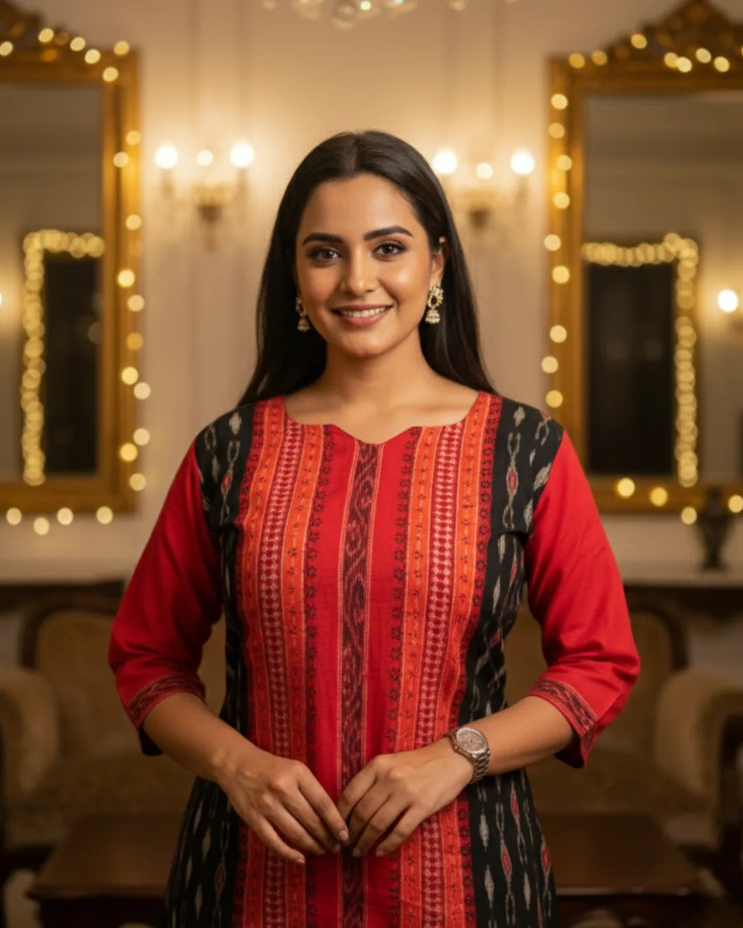 Pranika Red & Black Sambalpuri Cotton Kurti