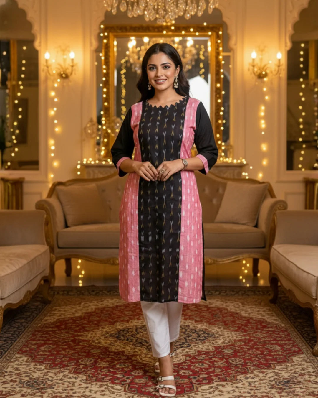 Reyana Pink & Black Sambalpuri Cotton Kurti