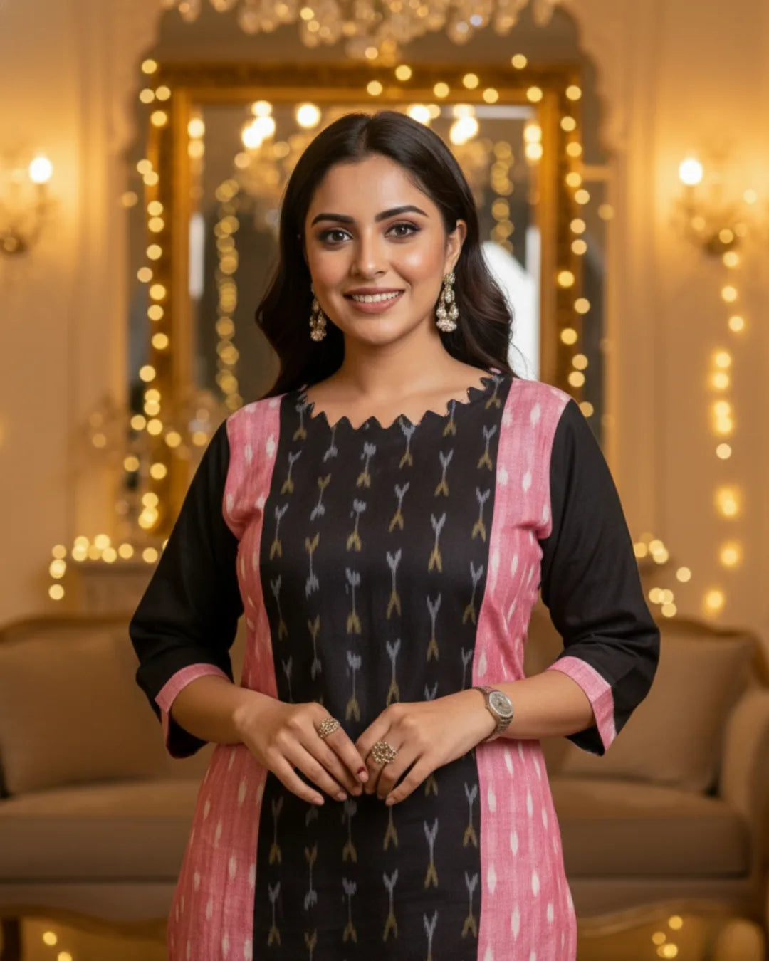 Reyana Pink & Black Sambalpuri Cotton Kurti