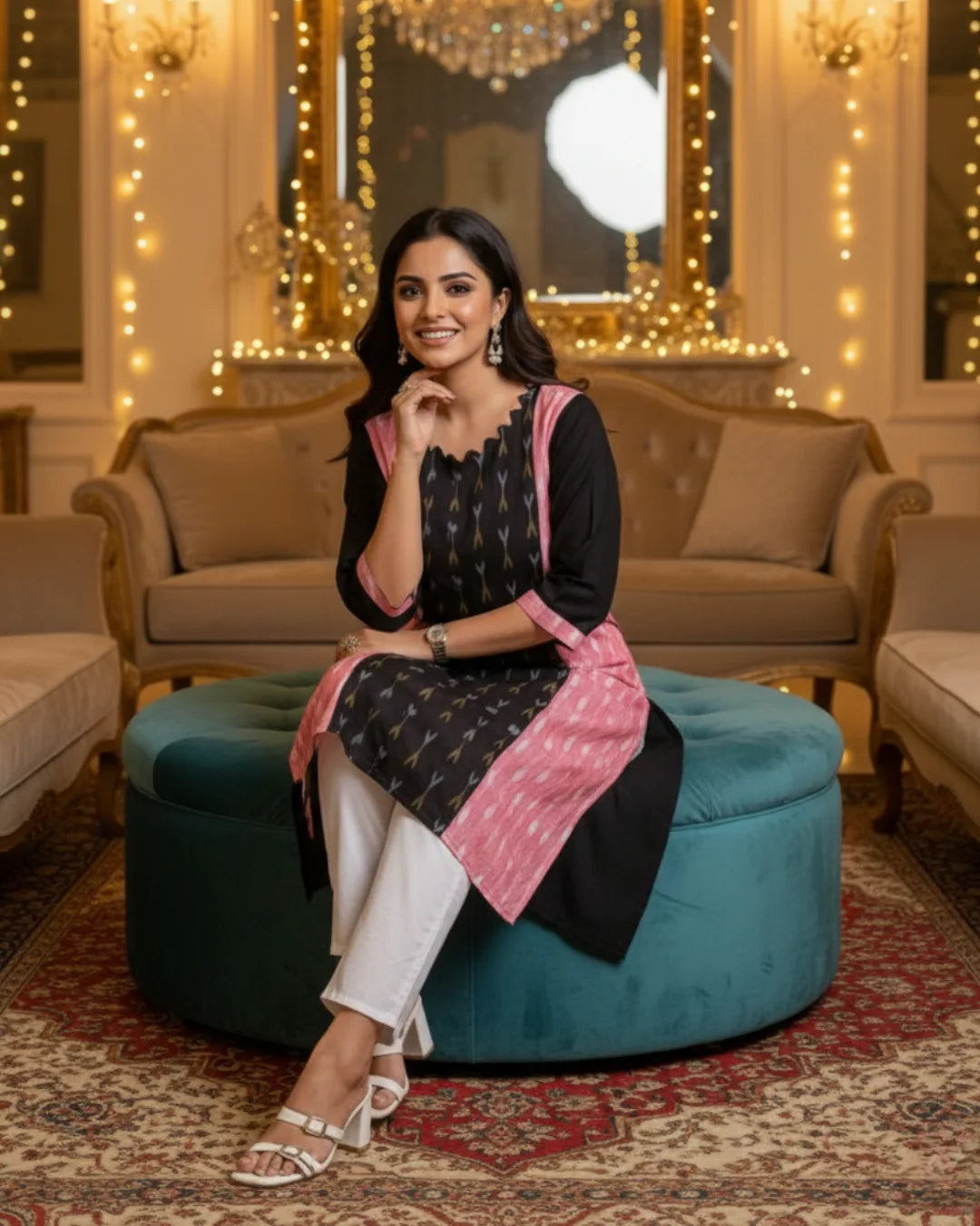 Reyana Pink & Black Sambalpuri Cotton Kurti