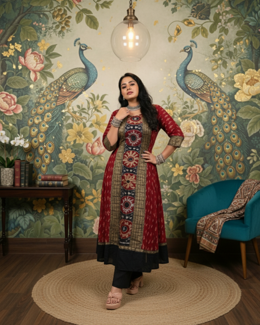 Nayantara Sambalpuri Crimson Black Gown