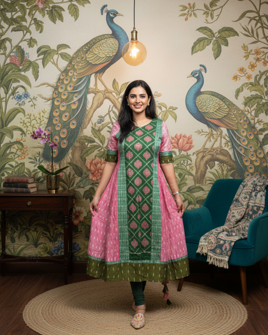 Yashika Pink & Green Sambalpuri Cotton Gown