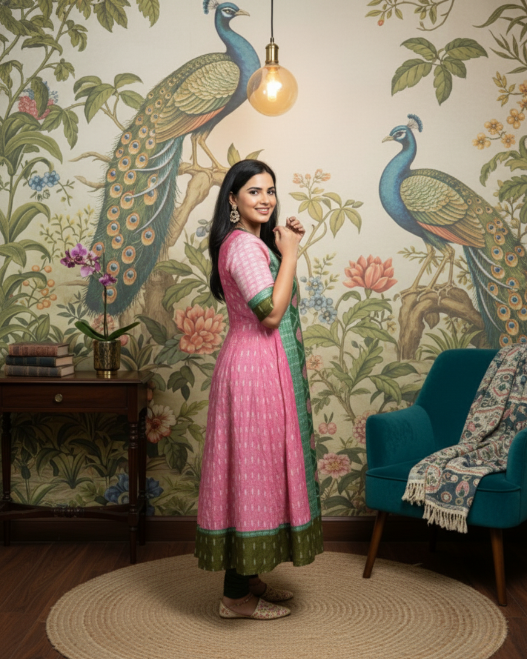 Yashika Pink & Green Sambalpuri Cotton Gown
